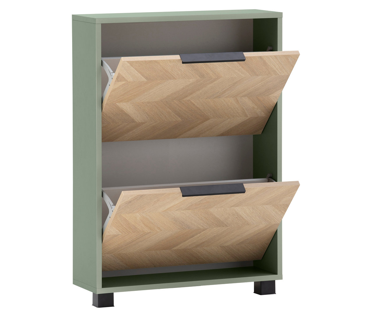 Geöffneter, pistazienfarbener Schuhkipper »Piazza« mit 2 Klappen und Fischgräten-Dekor.