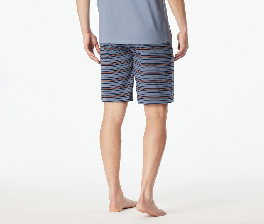 Rückansicht eines Mannes mit blauem T-Shirt und gestreiften Shorts vor einem weißen Hintergrund.