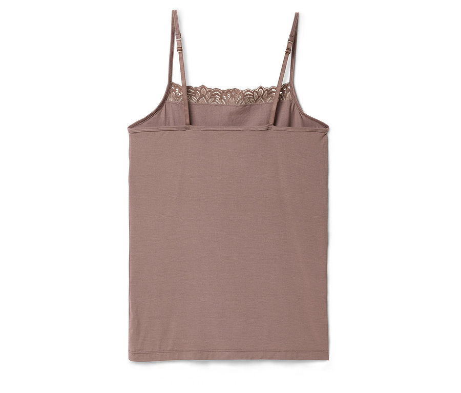 Ein trägerloses, mauvefarbenes Top mit Spitzenbesatz am Ausschnitt, von hinten fotografiert.