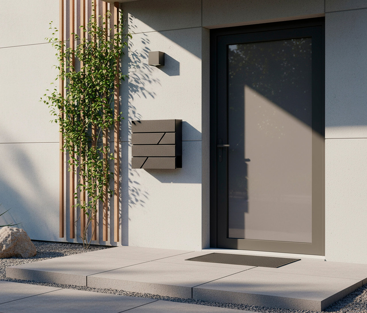 Eingangsbereich eines modernen Hauses mit einer grauen Tür, einem Briefkasten und einer Kletterpflanze an der Fassade.