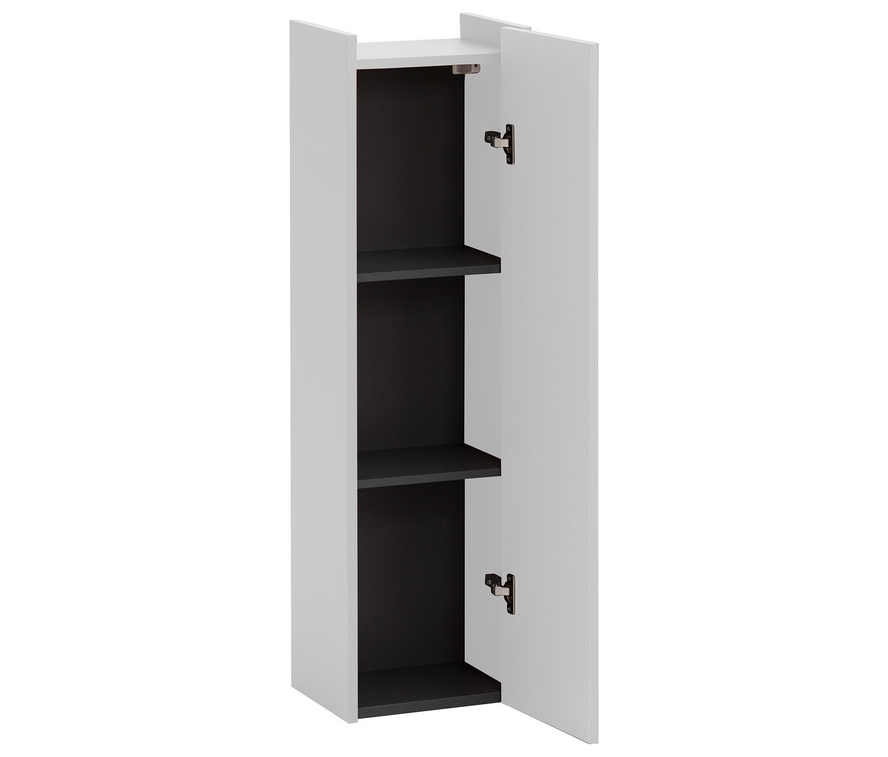 Offener, schmaler, weißer Badezimmerschrank mit drei Regalen und schwarzen Innenwänden.