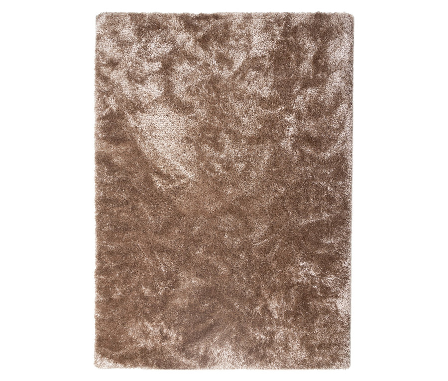 Nahaufnahme eines rechteckigen, hellbraunen »Silky« Teppichs.