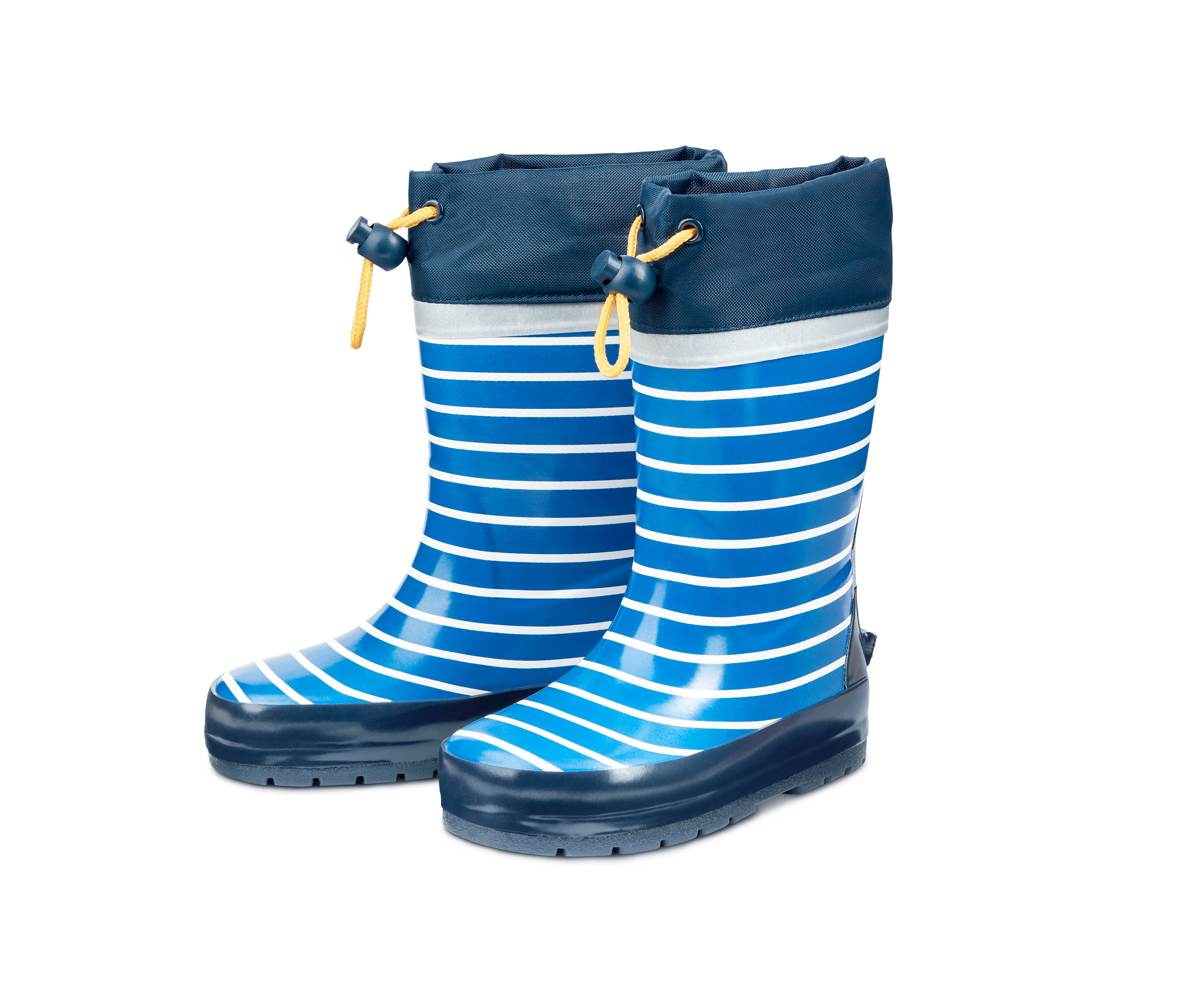 Kinder-Regenstiefel mit blauen und weißen Streifen.
