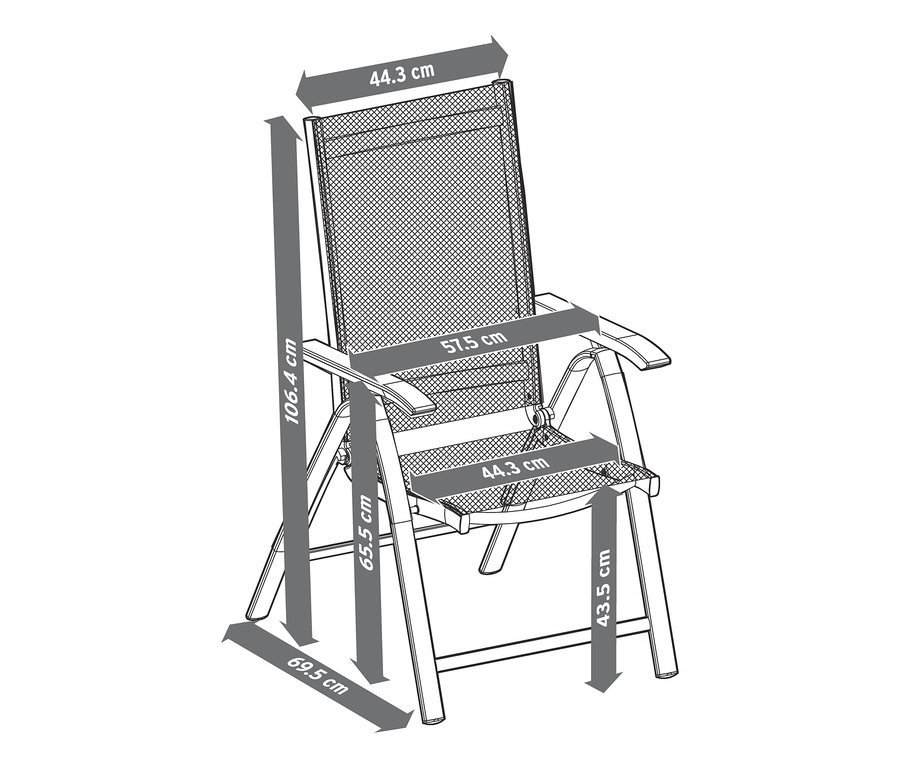 Abmessungen des Hochlehners »Liska« mit verstellbarer Rückenlehne.