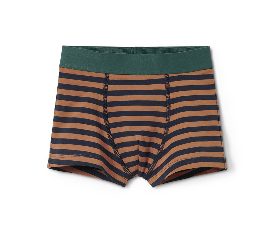 Eine einzelne 3 Slipboxer Unterhose mit braunen und dunkelblauen Streifen und einem grünen Bund.
