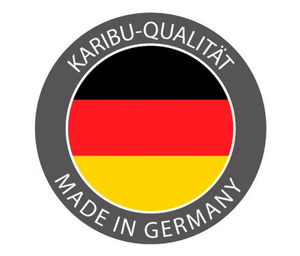 Karibu-Qualität Made in Germany Logo mit Deutschlandflagge.