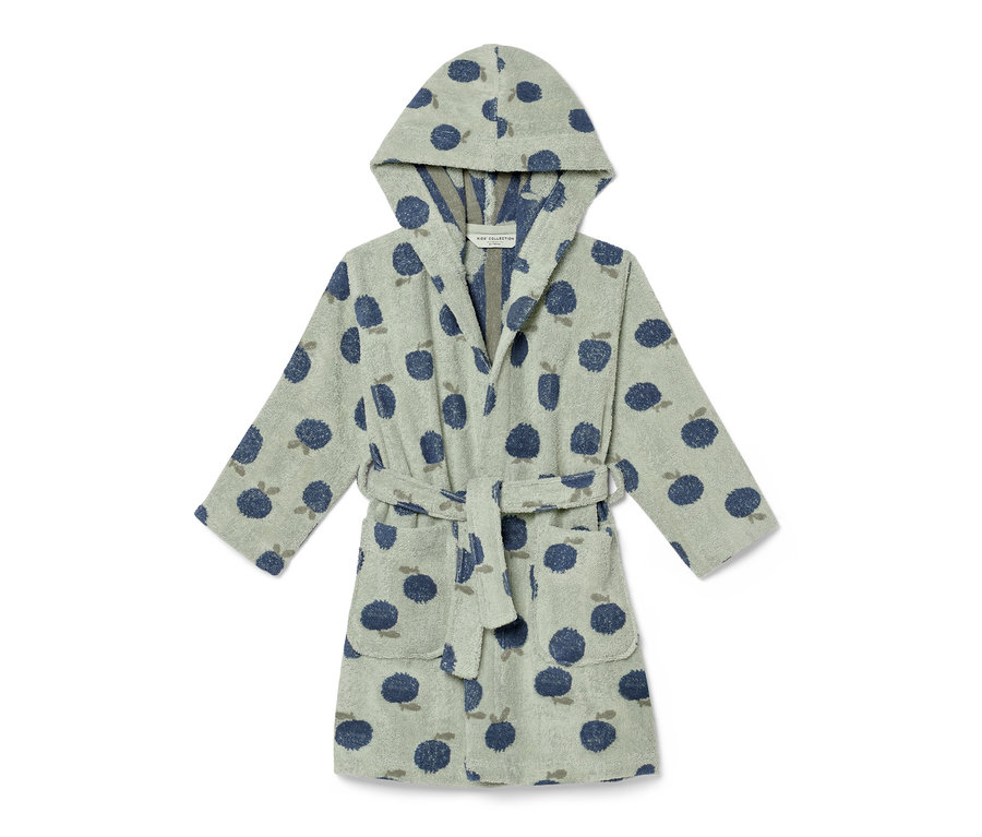 Kinder-Bademantel mit Kapuze und Heidelbeermuster.