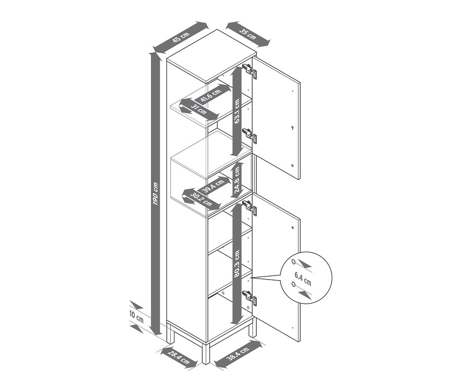 Abbildung eines weißen Bad-Hochschranks „Eklund“ mit geöffneten Türen und Abmessungen.