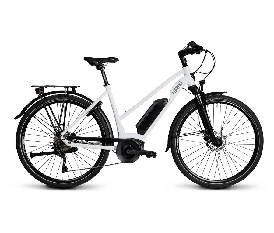 Detailansicht eines weißen HAWK E-TREKKING 500 LADY Fahrrads.