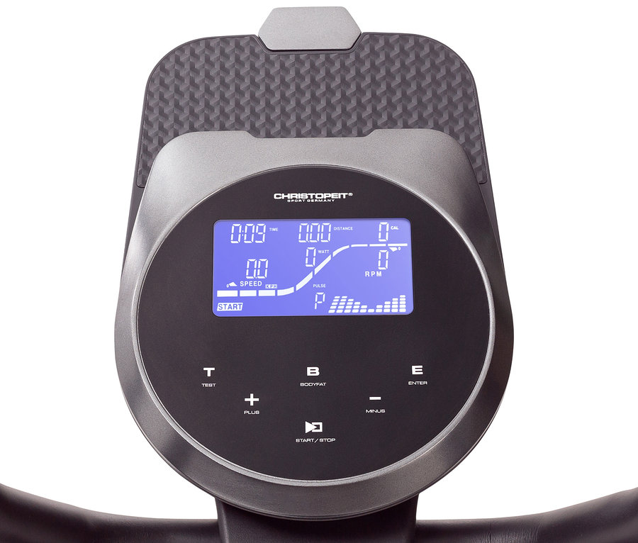 Das Display des grauen Christopeit Sport Crosstrainer-Ergometer »EL 8000« zeigt Zeit, Geschwindigkeit, Distanz und Kalorien an.