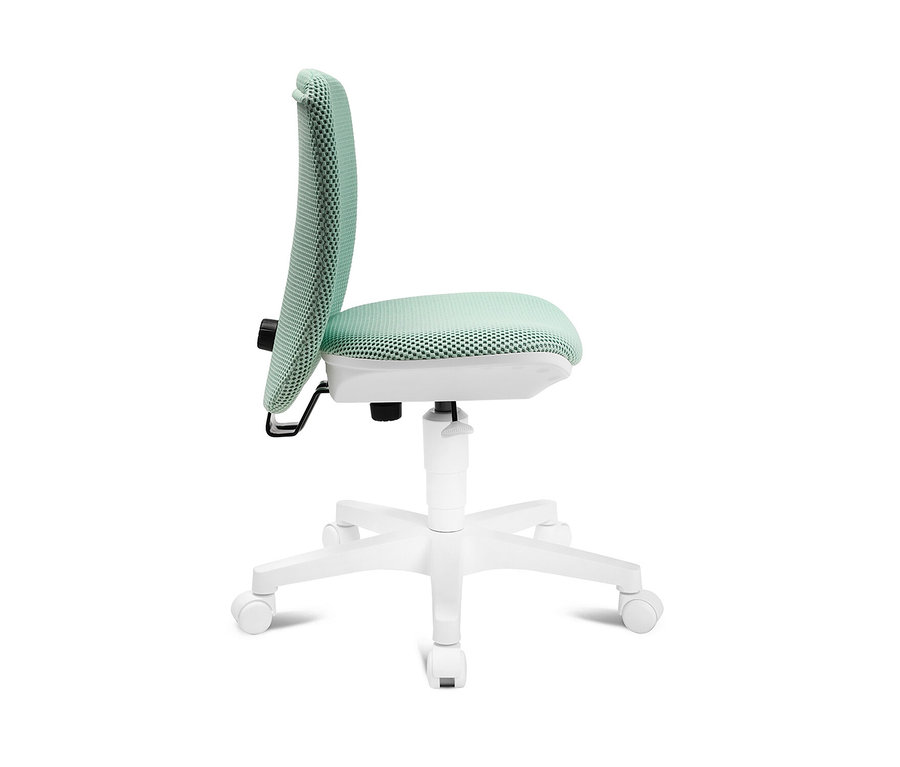 Detailansicht des mintfarbenen Topstar Sitness »Home S'cool« Bürostuhls mit weissem Rahmen.