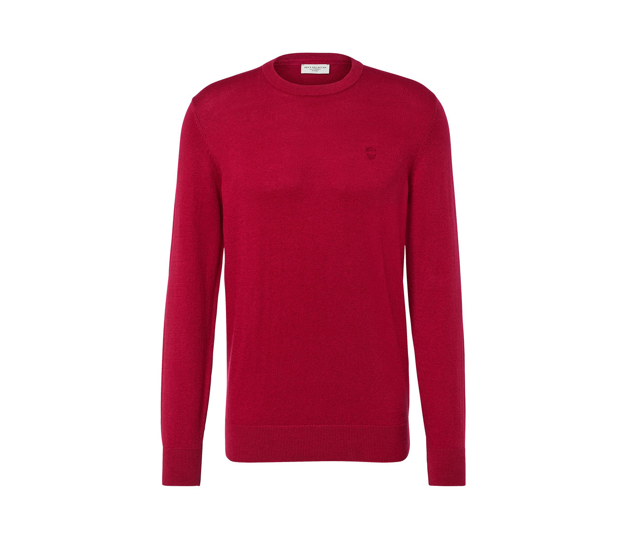 Roter Pullover mit Rundhalsausschnitt.