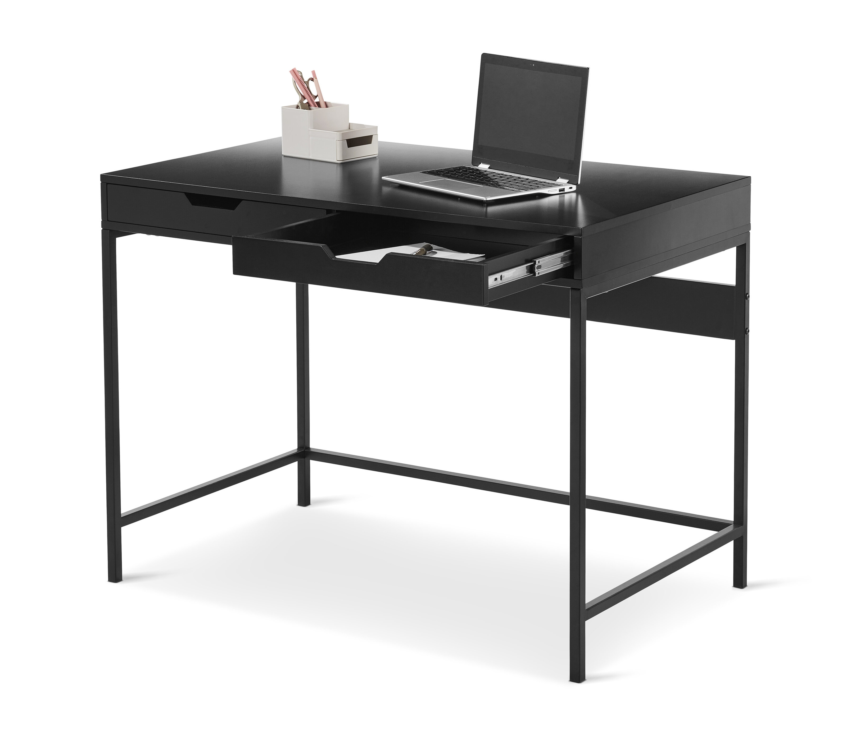 Schwarzer Schreibtisch mit Schubladen, auf dem ein Laptop und ein Stiftehalter stehen. Eine der Schubladen ist geöffnet.