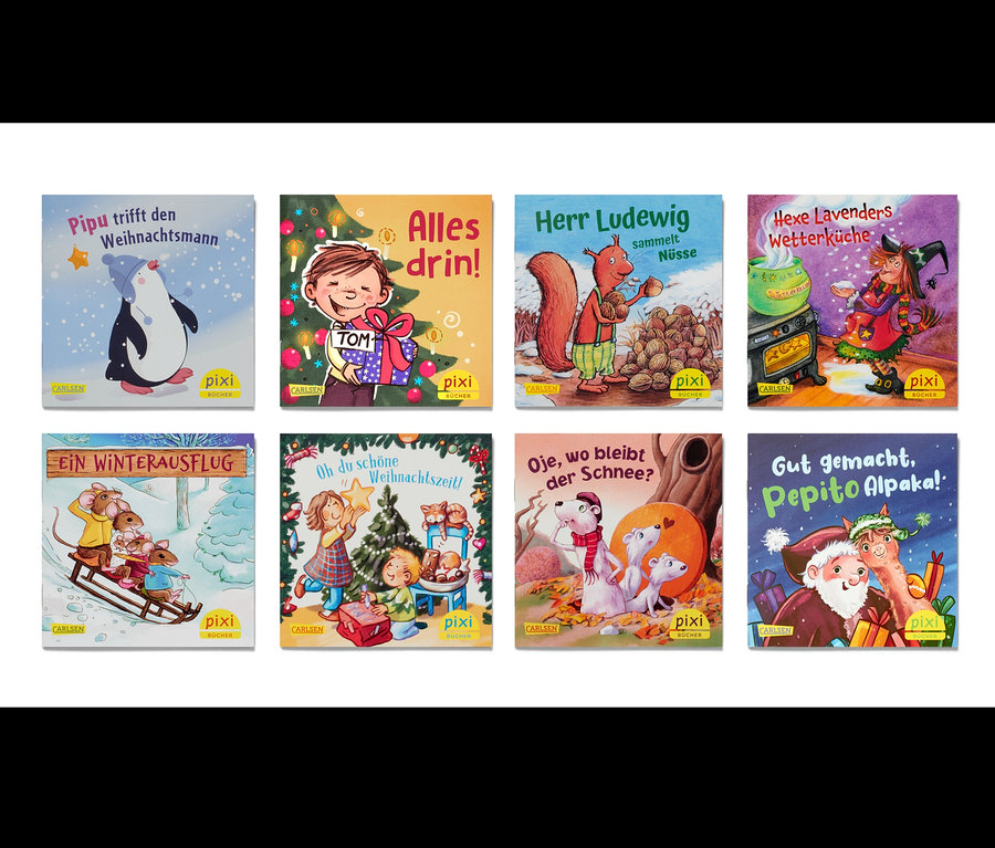 Acht Pixi-Kinderbücher mit Weihnachtsmotiven.