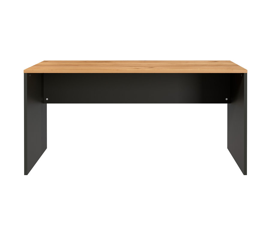Frontansicht des Schreibtisches Lissabon mit einer Tischplatte in Holzfarbe und schwarzen Beinen.