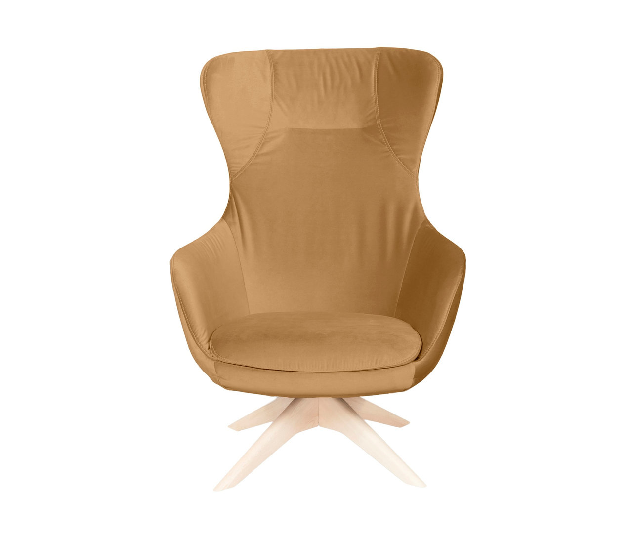 Detailansicht des beigebraunen Sessels »Mia« TSV2 mit drehbarem Holzfuß.