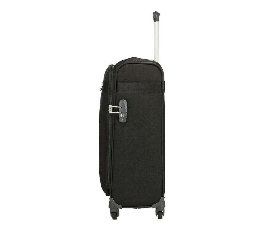 Detailansicht eines schwarzen Samsonite CITYBEAT SPINNER Koffers, klein, mit ausziehbarem Griff.