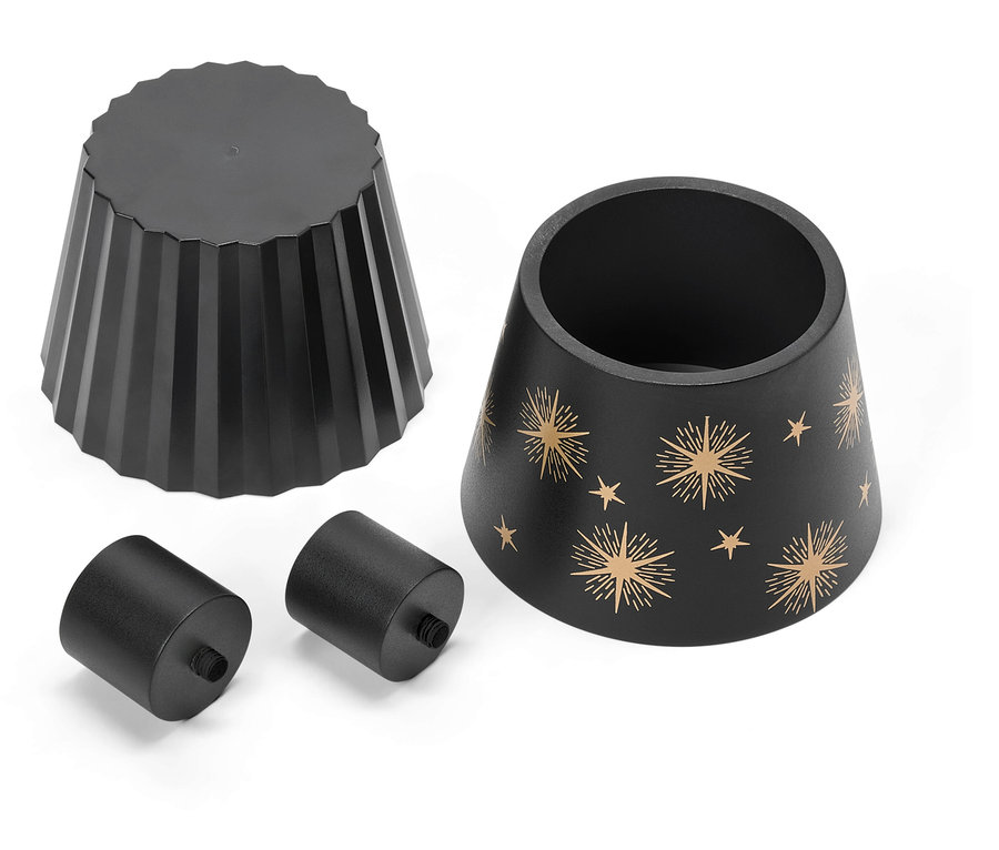 Schwarze Tischlampenkomponenten, einschließlich Lampenschirm, Sockel und zwei Schrauben, auf einem weißen Hintergrund.