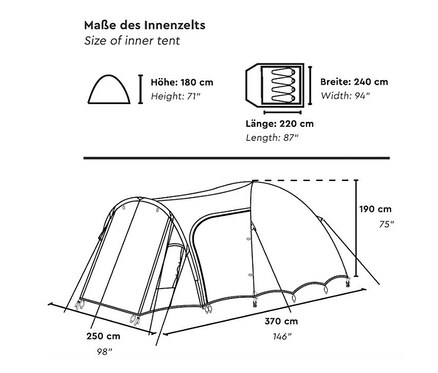 Abmessungen des Innenzeltes des Tambu 4-Personen-Kuppelzelt »SETU 4«.
