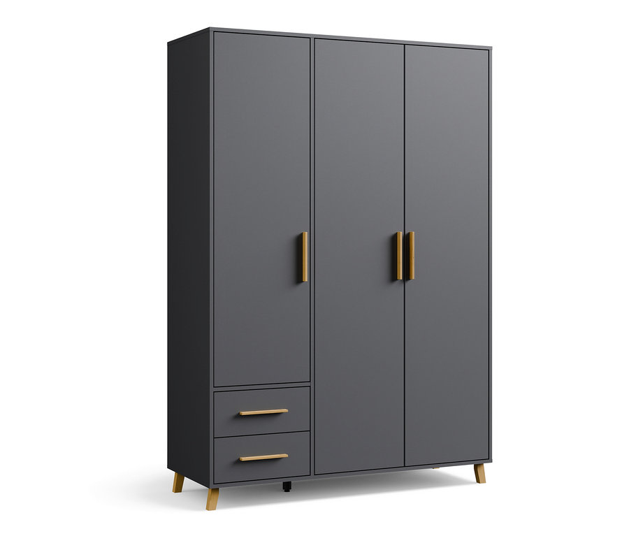 Dreitüriger Drehtürenschrank Shinjo mit zwei Schubladen in Grau Metallic.