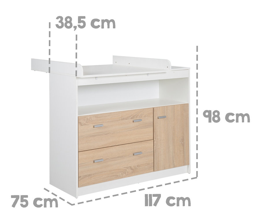Weißer roba »Gabriella« Wickeltisch mit Holzschubladen und Regalen, Abmessungen sind gekennzeichnet.