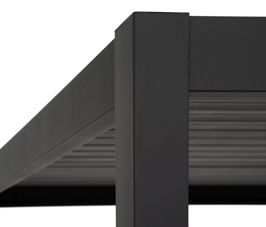 Detailansicht der anthrazitfarbenen Leco Premium Pergola, 3 x 4 m, inklusive 2 Seitenwänden.