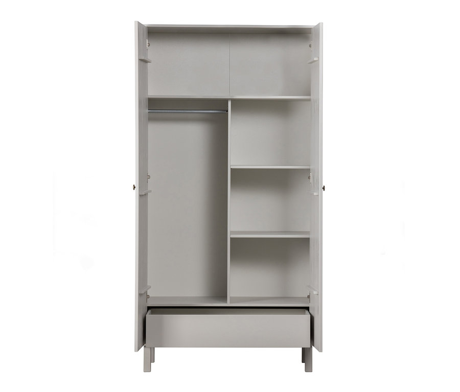 Offener Woood Garderobenschrank »Madu«, wolkengrau mit Regalen und Schublade.