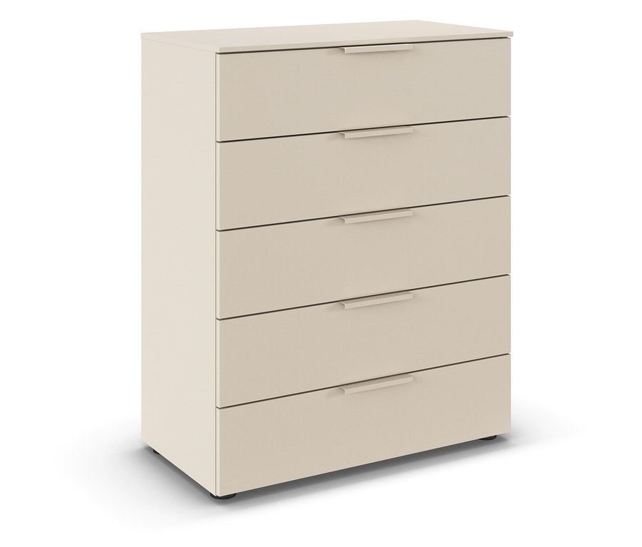 Beige Kommode mit fünf Schubladen.