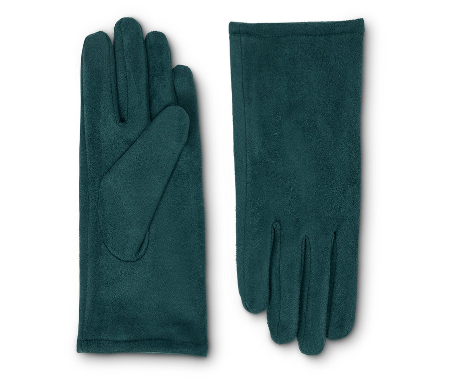 Ein Paar petrolfarbene Handschuhe in Velourslederoptik liegen nebeneinander.
