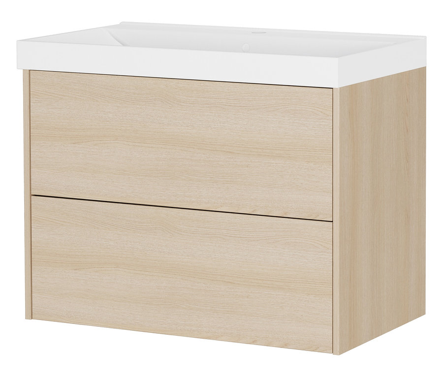 Waschtischunterschrank aus hellem Holz mit zwei Schubladen und weißem Waschbecken.