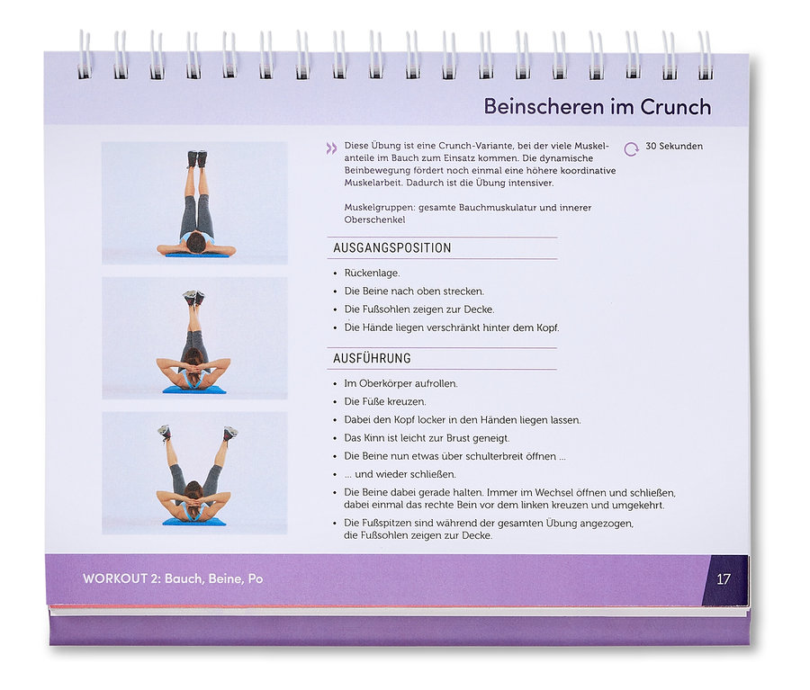 Abbildung einer Übung "Beinscheren im Crunch", bei der eine Person auf dem Rücken liegt und Scherbewegungen mit den Beinen ausführt.