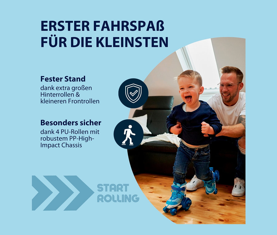 Ein Junge fährt mit blauen HUDORA Rollschuhen »My First Quad« und lacht, während ein Mann ihn sichert.