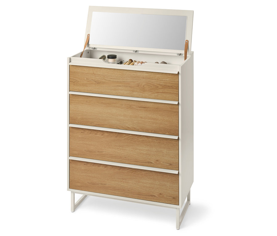 Ansicht einer Kommode mit vier Schubladen, einem geöffneten Spiegel und Kosmetika.