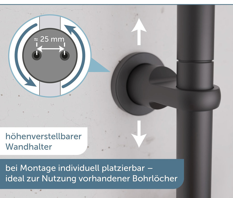 Detail einer schwarzen Überkopfbrause-Set »Mallorca« Wandhalterung.