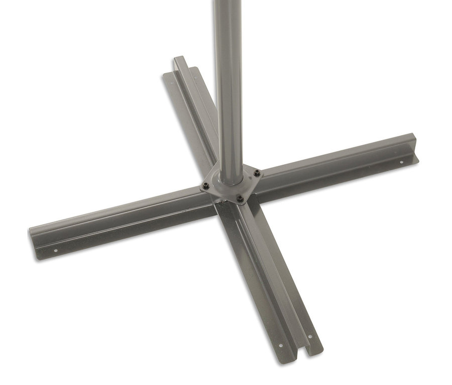 Grauer Leco Ampelschirm Ständer mit X-förmiger Metallbasis.