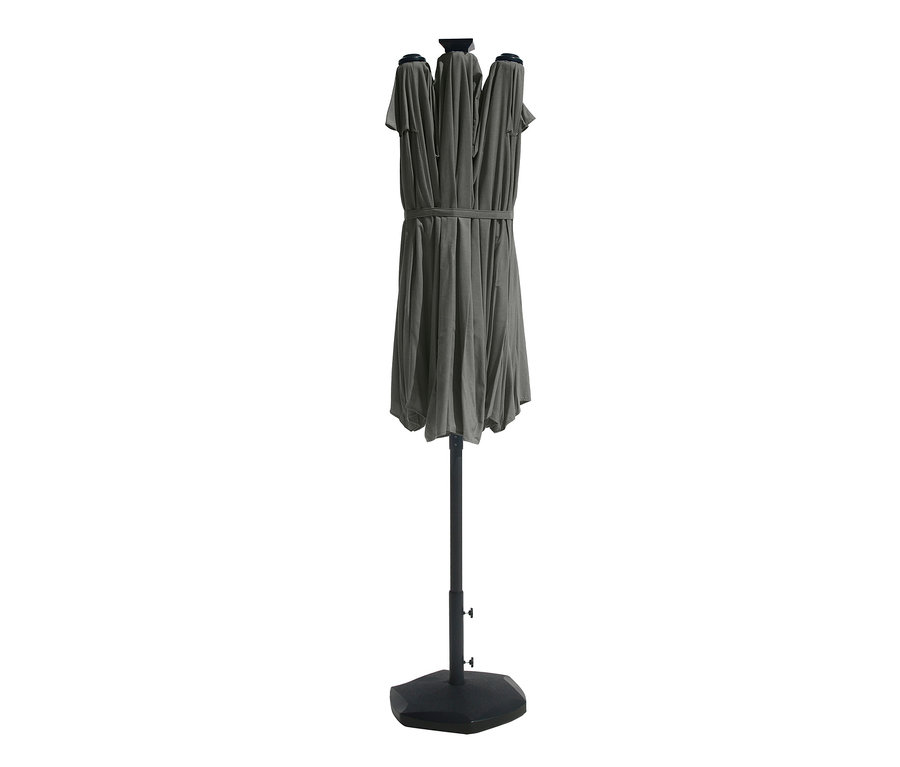 Zusammengeklappter anthrazitfarbener, ovaler LECO Doppel-Sonnenschirm mit LED-Beleuchtung, ca. 270 x 460 cm.