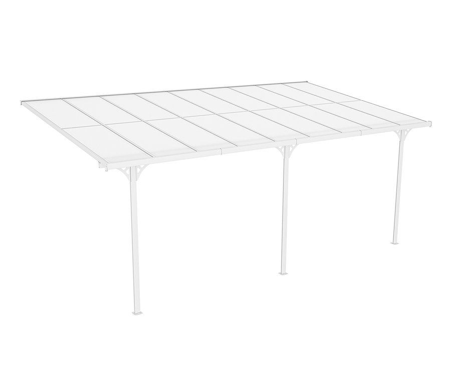 Weiße Terrassenüberdachung, Breite ca. 556 cm.