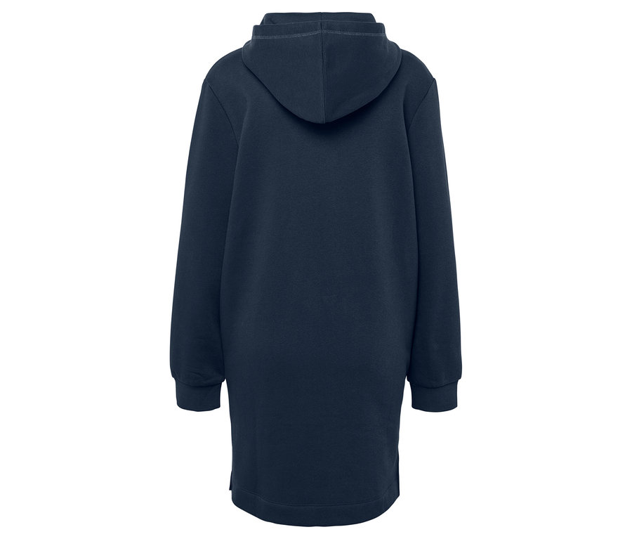 Dunkelblaues Kapuzenpulloverkleid von hinten.