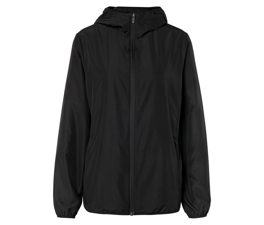 Schwarze Kapuzenjacke mit Reißverschluss.