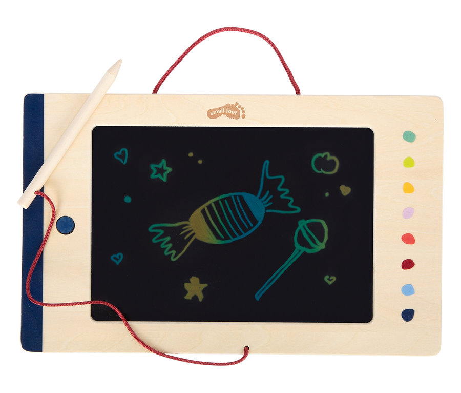 Die small foot LCD Schreibtafel »Educate« mit Stift zeigt bunte Zeichnungen von Süßigkeiten.