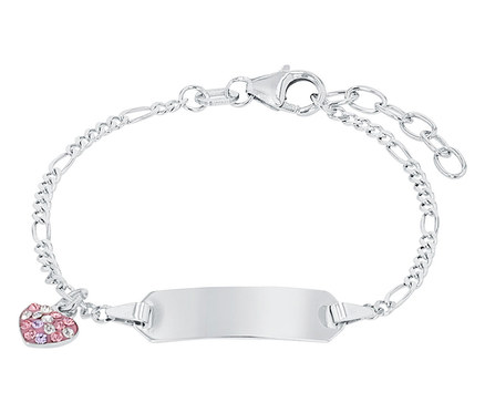 Silbernes Armband mit herzförmigem Anhänger mit rosa Akzenten und einer rechteckigen Platte.