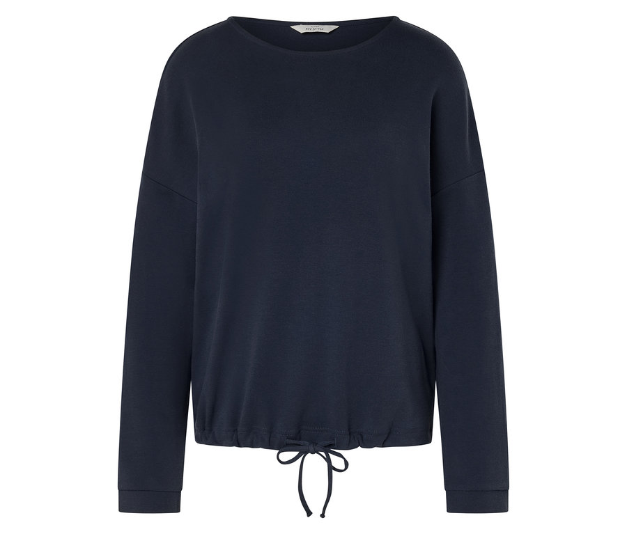 Dunkelblaues Sweatshirt mit langen Ärmeln und Tunnelzug am Saum.