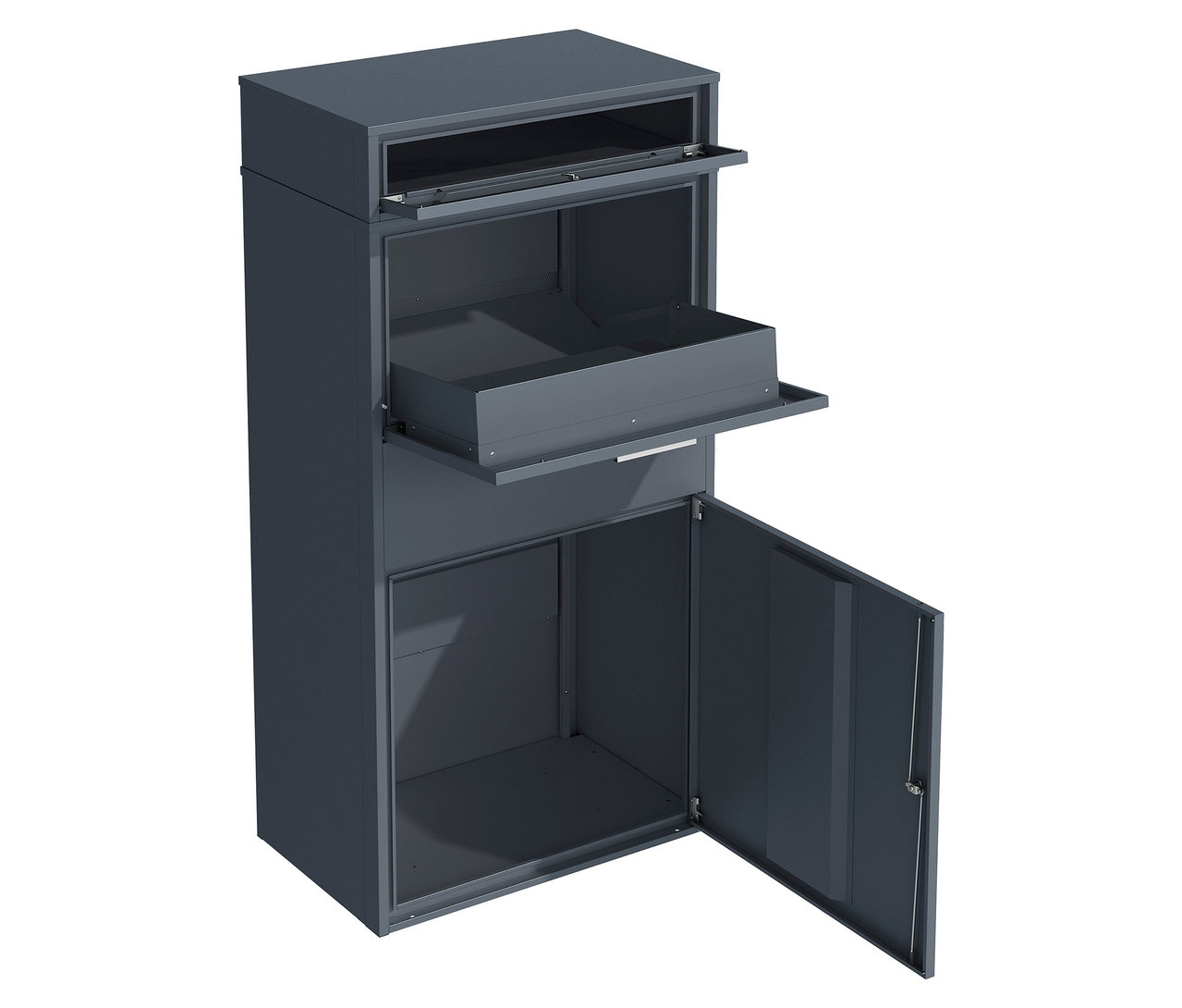 Geöffnete graue Paketbox XXL mit mehreren Fächern.