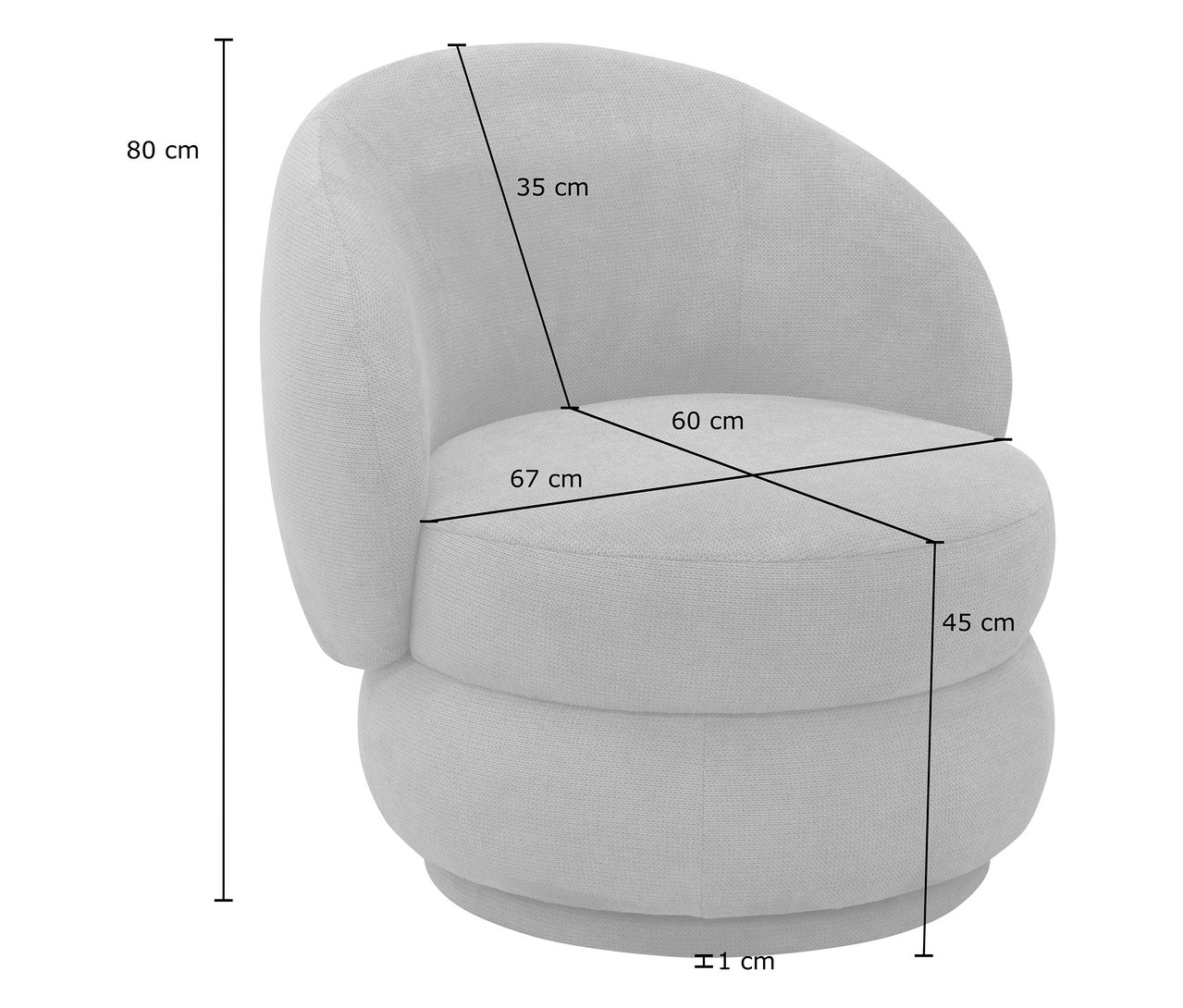 Abmessungen des rosafarbenen DOMO Sessels mit Drehfunktion.