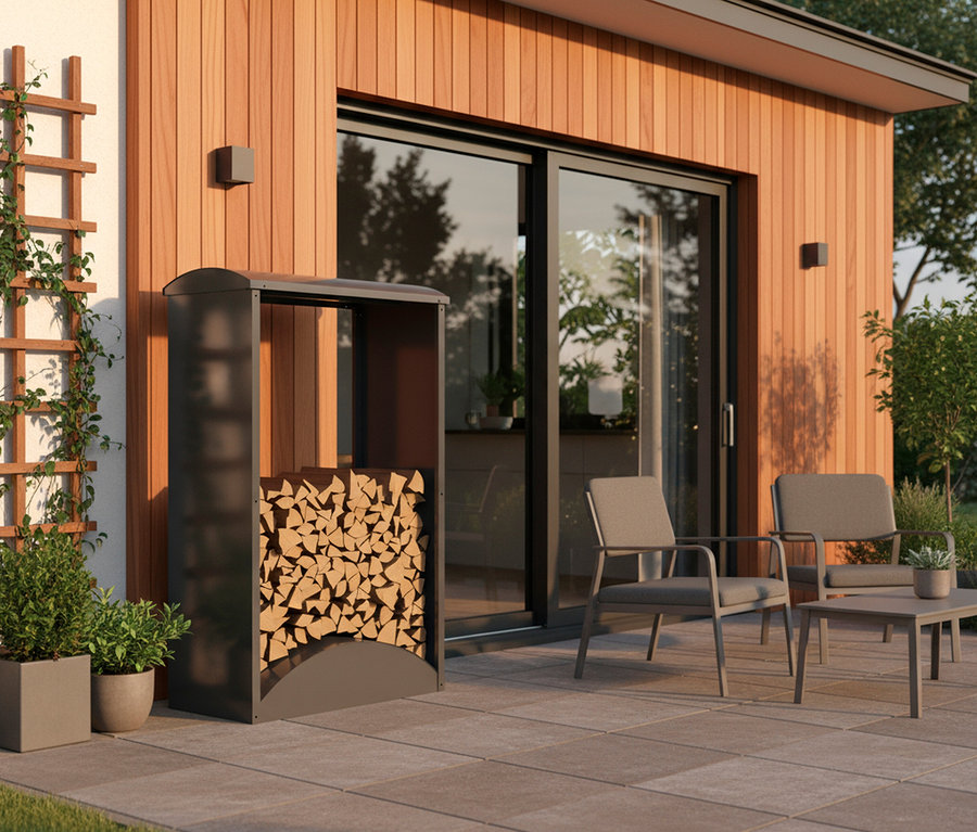 Ein mit Holzscheiten gefülltes Brennholzregal steht auf einer Terrasse vor einem Holzhaus.