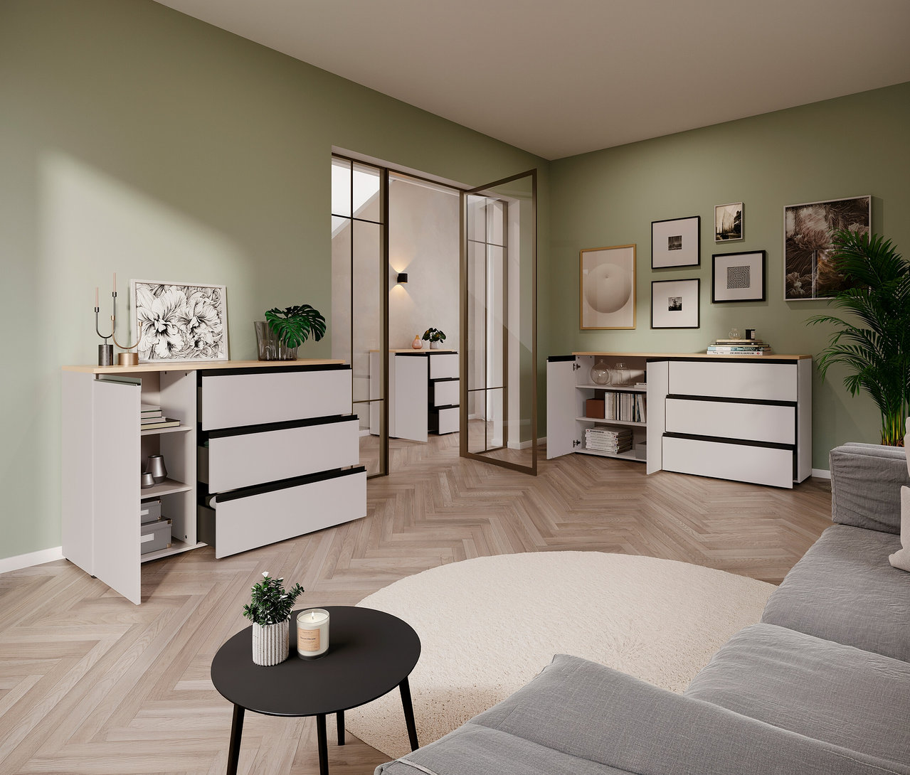 Wohnzimmer mit Sideboard »Cormano« mit offenen Schubladen und Regalen, Couch und Tisch auf einem Teppich.