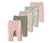 1x altrosa mit Alloverprint, 1x khaki, 1x altrosa, 1x beige, 1x mint mit Blaubeer-Alloverprin