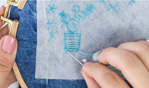 Ein Topfmotiv wird in eine Jeans gestickt