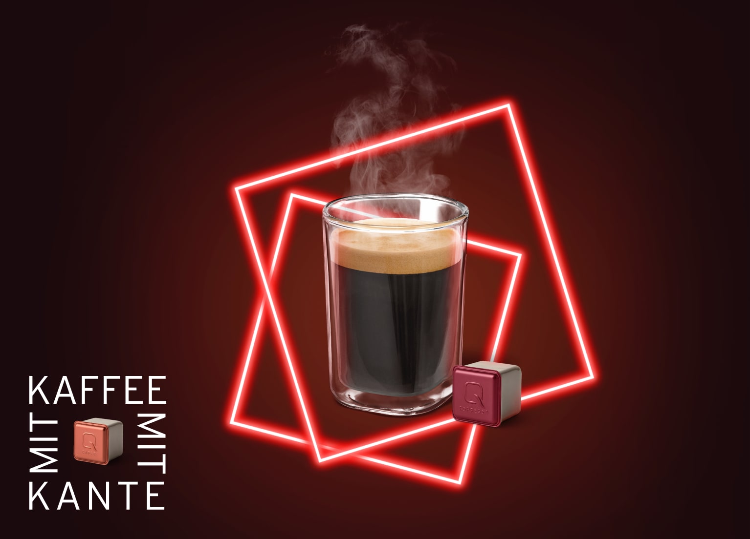 Ein Glas Kaffee und eine Qbo Kapsel vor einer roten Leuchtstoffröhre