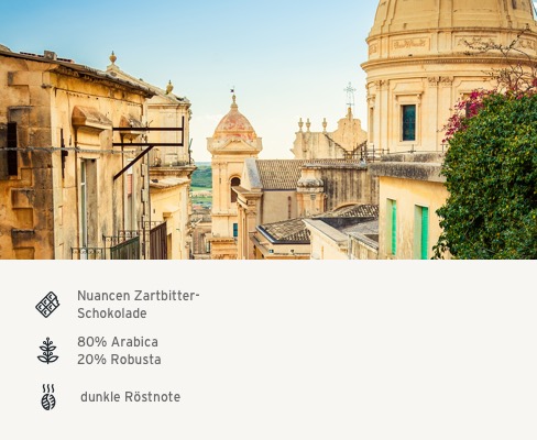 Im Hinergrund Sizilien. Geschmacksprofil: Nuancen von Zartbitter-Schokolade